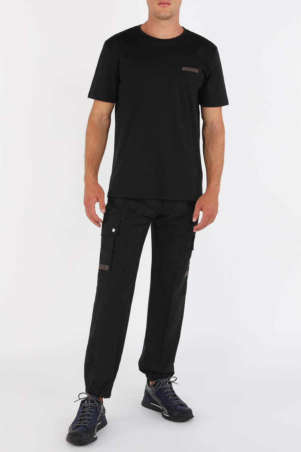 T-Shirt With Leather Detail in Black